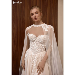 Jessica Beaded 3D Applique Luxury Evening Dresses Embroidered Tulle Cape White Prom Dresses Lady Vestidos De FiestaCustomized