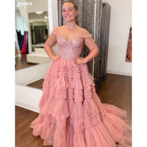 Jessica Pink Evening Dresses Glitter Tulle Layering Prom Dresses Off-shoulder Lace Embroidery Vestidos De Fiesta Customized