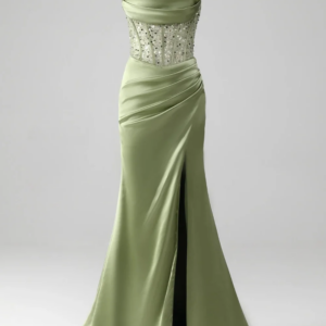 Classy Long Green Spaghetti Straps Beaded Satin Prom Dresses Sleeveless Mermaid Sweep Train Vestido Festa