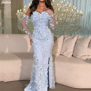 Jessica Sky Blue Evening Dresses Glitter Sequin Embroidered 3D Applique Prom Dresses Elegant Ladies Long Sleeve Tulle Customized
