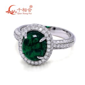 S925 Silver Flat Back Oval Cabochon 8x10mm Green color Ring Created Hydrothermal Emerald with Melee White Moissanite for daily
