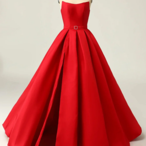 Vintage Long Strapless Satin Prom Dresses Sleeveless with Belt A Line Floor Length Mezuniyet Elbiseleri