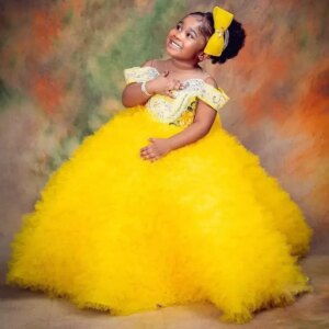 Yellow Golden Flower Girl Dresses for Wedding Customized Bead Ball Gown Kids Birthday Party Gowns Crystal Toddler Pageant Wears