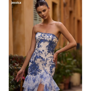 Jessica Beaded Embroidery Evening Dresses Tulle Layering Prom Dresses Blue Strapless Ladies Vestidos De FiestaCustomized