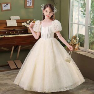 Dreamy Vow Graceful Sweetheart Pearl Tulle Girl Princess Dress Short Sleeve Wedding Birthday Holiday Communion Party Prom J833
