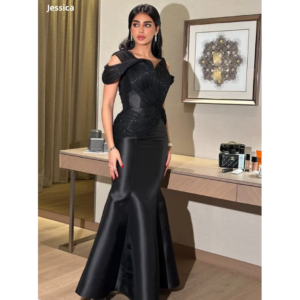Jessica Pleated Handmade Beading Evening Dresses Black Satin Luxury Prom Dresses Ladies Formal Occasions فساتين سهرة Customized