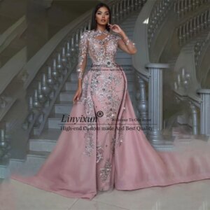 Customized Beaded Mermaid Prom Dresses Appliques Formal Evening Party Gowns Full Sleeves Detchable Train Vestidos de gala
