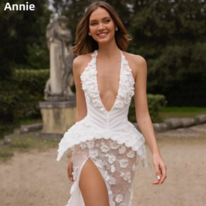 Annie Gorgeous White Prom Dresses Glitter Tulle 3D Appliques Luxurious Evening Dresses Sexy V-neck With Side Slits Prom Dress