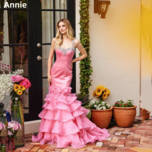 Annie Handmade Glitter Beads Prom Dresses Pink Satin Organza Layering Evening Dresses Flower Mermaid Robes De Soirée Customized