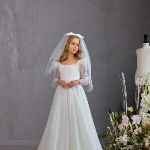 Pleated Bodice Communion Dress with Pearl Button and Frosted Detail Girls Birthday Party Princess Dress White