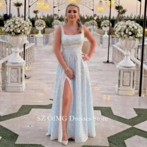OIMG Dubai Mordern Regular Straps Prom Dresses Sequined High Side Slit Dress Women Evening Gowns Formal Fitted Party Dress