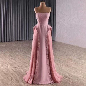 Pink Prom Dresses 2025 Strapless Satin Beading Straight Women Evening Party Dresses