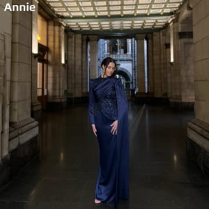 Annie Satin Long Sleeve Cape Prom Dresses Glitter Sequins Luxury Luxurious Evening Dresses Navy Blue Mermaid فساتين سهرة