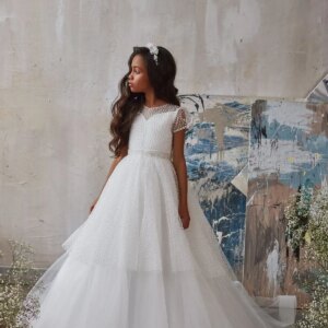 Tiered Embroidered Flower Girl Dress with Bows Girls Birthday Party Dinner Dresses Bridesmaid Dresses