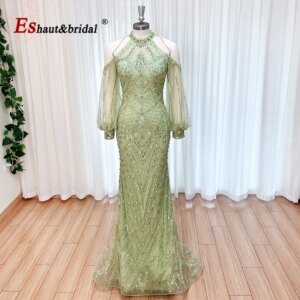 Elegant Mermaid Arabic Evening Dress for Women 2025 High Neck Long Sleeves Beads Formal Prom Wedding Party Gowns Customized