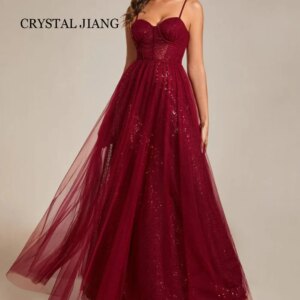 Sexy Long Burgundy Spaghetti Straps Sequin Tulle Prom Dresses Sleeveless A Line Floor Length فساتين للمناسبات الرسمية