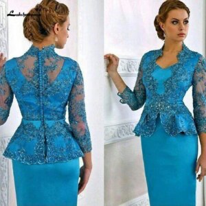 Customized Lace Mother Of The Bride Dresses With Long Sleeves V Neck Peplum Evening Gowns Knee Length Satin Wedding Guest Dress