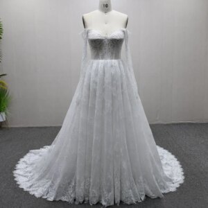 Lace Wedding Dress Women Off The Shoulder Long Sleeve Applique Button Back Boho Vestidos De Novia Sweep Train Customized