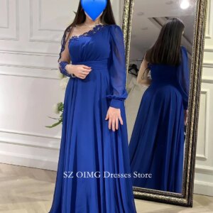 OIMG Dubai Mordern A-Line Prom Dresses Puffy Sleeves Beading Chiffon Blue Dress Women Evening Gowns Formal Slit Party Dress