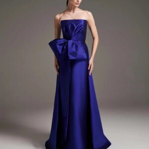 Customized Long Satin Strapless Blue Evening Dresses With Bow Sheath Sleeveless 이브닝 드레스 Watteau Train Celebrity Dress for Women