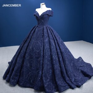 Elegant Evening Party Dresses Navy Blue Ball Gown Off The Shoulder Shiny Beading J66742E robes de soirée