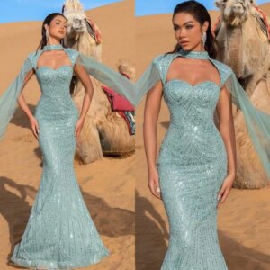 Customized Classic Light Green Organza Evening Dress Exquisite High Neckline Shawl Sleeveless Mermaid Zipper Back Prom Dress