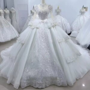 Vestido Noiva Casamento Civil Long Sleeve Sweetheart Wedding Dress Lace Up Back Ball Gown Tiered Beading Bow Bridal Dress