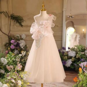 Dreamy Vow Lovely A-Line One Shoulder Ruffle Tulle Flower Pink Girl Princess Dress Sleeveless Wedding Birthday Party Prom D038