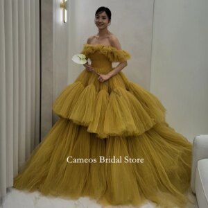 SONDR Off Shoulder Party Korea Evening Dress Customized Formal Prom Dress Tulle Tiered Short Sleeves Evening Gown Bridal