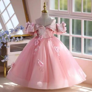 Dreamy Vow Graceful Off-Shoulder Applique Tulle Pink Flower Girl Long Dress For Special Occasions Wedding Evening Party D048