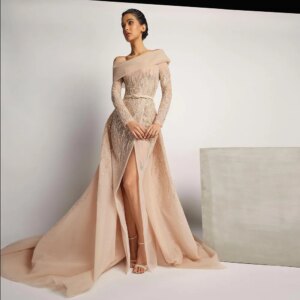 Nude Color Sequin Evening Dresses Off The Shoulder Beading Long Sleeves Tulle A Line Slit Floor Length Formal Prom Party Gowns