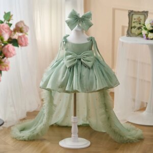 Dreamy Vow Charming Scoop Bowed Lace Up Satin Flower Girl Dress With Trailing Sleeveless Wedding Birthday Evening Prom 2025 J546