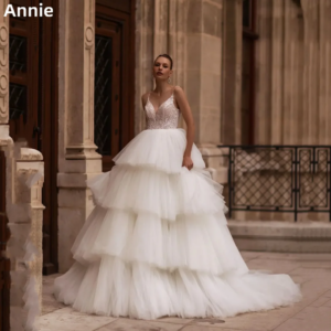 Annie Fluffy Handmade Tulle Layering Prom Dresses Glitter Embroidery Princess Evening Dresses Gorgeous White فساتين سهرة