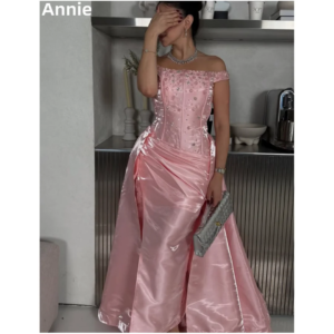 Annie Luxurious Handmade Beads Prom Dresses Pink Satin Evening Dresses Mermaid Back Corset Evening فساتين سهرة
