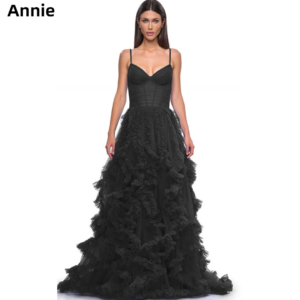 Annie Handmade Tulle Curled Edge Multi-layer Prom Dresses Black Evening Dresses Spaghetti Straps With Side Slits فساتين سهرة