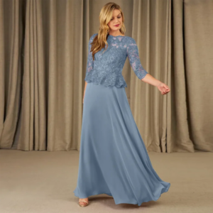 Mother Of The Bride Blue Dresses Ankle Length Lace Long Sleeves Chiffon For Weddings Formal Party Gowns Elegant Custom Made