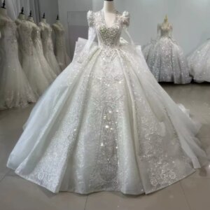 Vestido De Noiva Casamento Princesa Long Sleeve V-Neck Wedding Dress Lace Up Back Ball Gown Embroidery Beading Bridal Dress