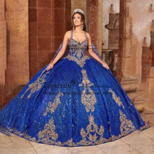 Glitter Sequins Quinceanera Dresses Appliques Ball Gown Sweet 16 Princess Court Train Lace Cape Customized Vestidos De 15 Anos