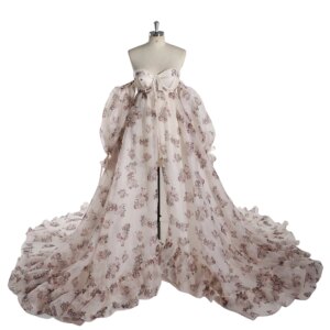 Print Floral Off Shoulder Maternity Photoshoot Dress Front Slit Silk Organza Long Train Dress for Pregnant Woman YEWEN YW240058