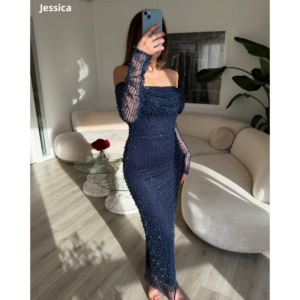Jessica Shiny Handmade Pearls Evening Dresses Tulle Lace Long Sleeves Prom Dresses Navy Blue Mermaid Ankle Length فساتين سهرة
