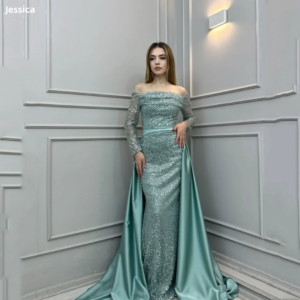 Jessica Sequined Long Sleeves Luxury Evening Dresses Light Green Prom Dresses Mermaid Satin Special Occasion Customized