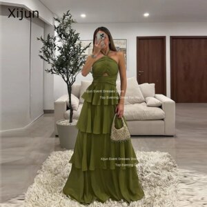 Xijun Green Glitter Chiffon Evening Dresses Sleeveless Tiered Ruched Pleated Prom Gowns Formal Occasion Floor Length Prom Dress