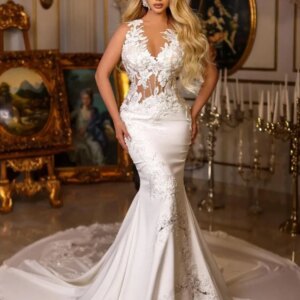 Sexy Mermaid Wedding Dress V Neck Appliques Flowers Satin Long Bridal Illusion Back Gown Vestido De Novia