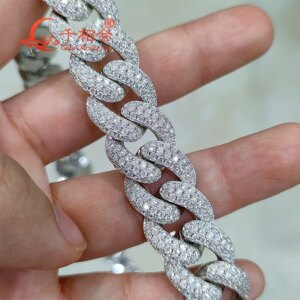 Sterling Silver Cuban Chain Bracelet with Half Moon 15mm Width Moissanite & Diamond Hip Hop Style Miami Link Jewelry for Men