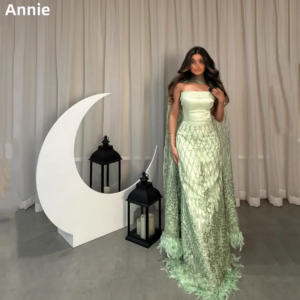 Annie Sequin Lace Embroidery Prom Dresses Luxurious Handmade Feathers Evening Dresses Green Ladies Special Occasion فساتين سهرة