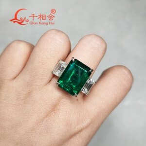 12x16mm Hydrothermal Created green Emerald S925 Silver Ring with Baguette Moissanite Wedding Ring Jewelry