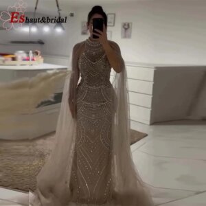 Luxury Dubai Mermaid Evening Dresses for Women with Cape Sleeves 2025 High Neck Beads Formal Prom Wedding Party Gown Customized