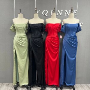 YQLNNE Sexy Blue Off the Shoulder Long Slit Prom Dresses Mermaid Silk Satin Formal Party Gown Zipper Back