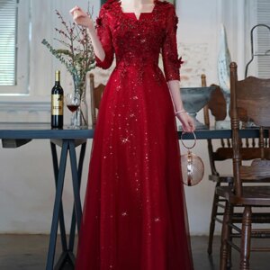 Wine Red Evening Dresses With 3/4 Sleeves Luxury Appliques A-line Floor-length Women Formal Gowns For Wedding Long