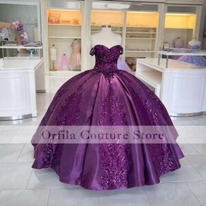 Purple Sequins Lace Ball Gown Quinceanera Dress Customized Off Shoulder Vestidos 15 anos Corset Plus Size Sweet 16 Gowns